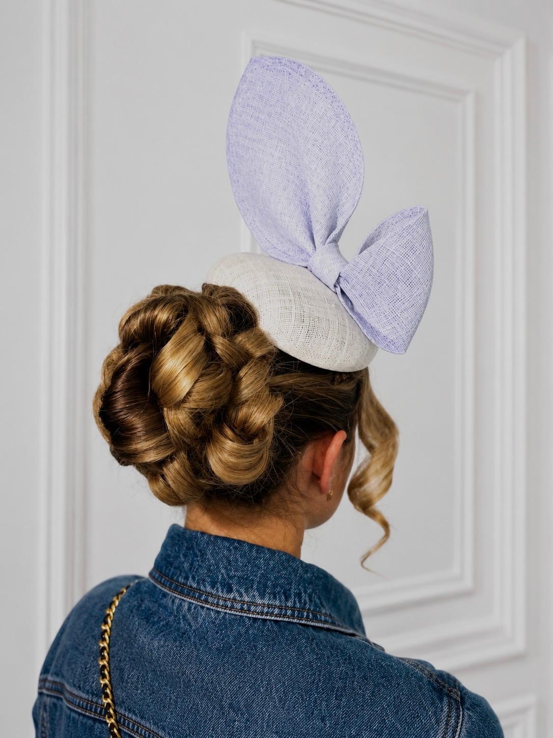Bridal pincurl up-do with lilac sinamay bow by Maddison
